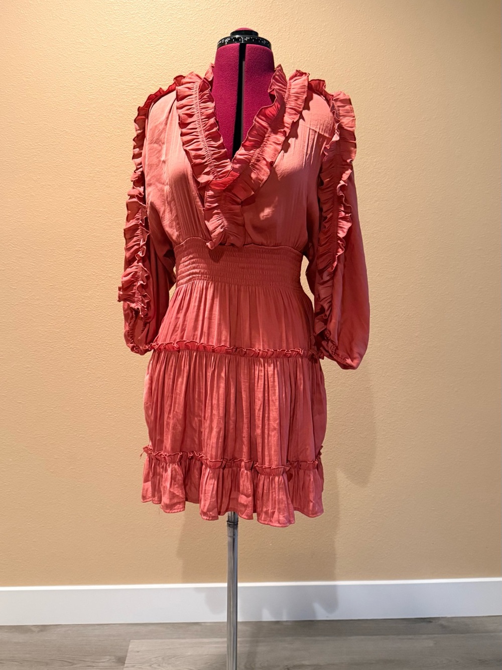 vestique Pink Ruffle-Trim V-Neck Mini Dress